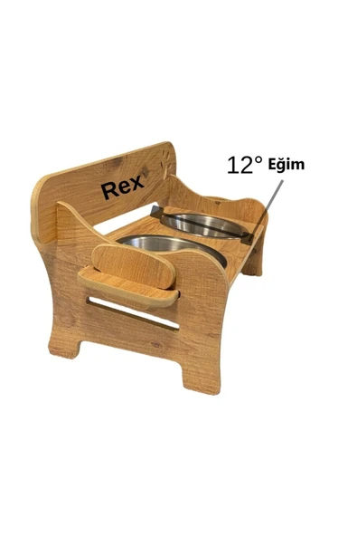 RealWood Özel Isim Baskılı, Ahşap, Kademeli, Eğimli, Çelik Kaseli, Kedi-köpek Mama Ve Su Kabı Stantı - Resim 5