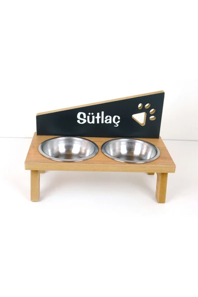 RealWood Özel İsim Baskılı, Ahşap, Çelik Kaseli Kedi - Küçük Irk Köpek Mama Ve Su Kabı - Resim 2