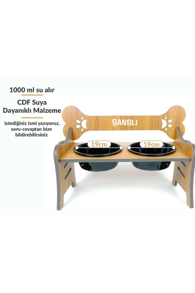 RealWood Suya Dayanıklı Ahşap Özel İsim Baskılı Seramik Kaseli Kademeli Köpek Mama ve Su Kabı Stantı ürün görseli 1