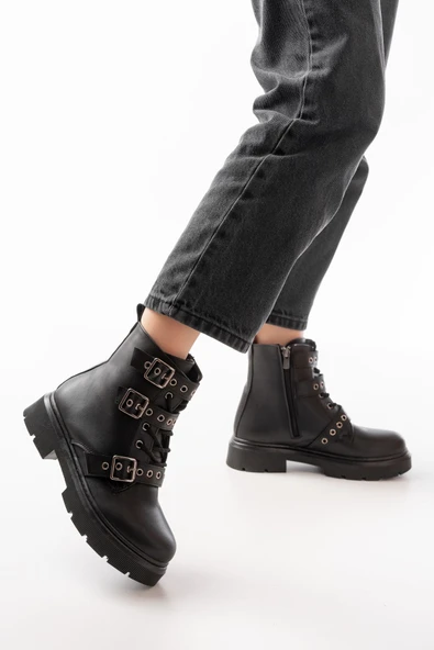 508-3039 Siyah Toka Aksesuarlı Fermuarlı Günlük Kadın Bot - 3