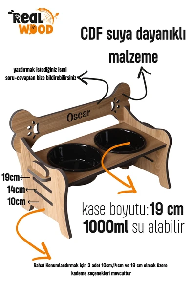 RealWood Köpek Su & Mama Kabı-isim Baskılı-suya Dayanıklı Ceviz-3 Kademeli Kemik Mod-seramik Siyah K-2*1000ml - 3