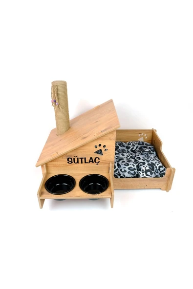 RealWood Çok Amaçlı Kedi Evi - Özel Isim Baskılı - Ahşap Mdf - Siyah Seramik Kase 2*400 - Tırmalama Çubuklu - 4