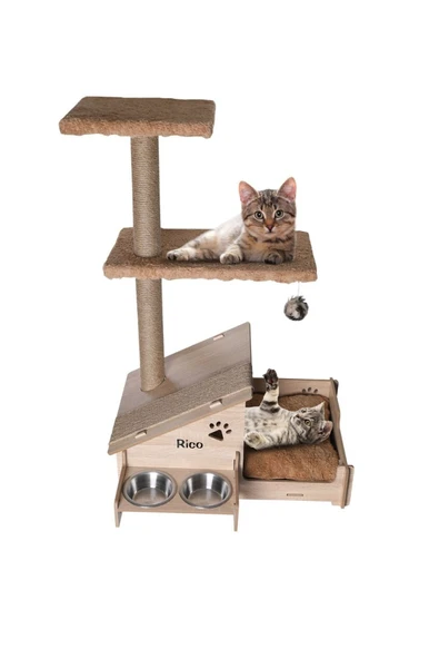RealWood Çok Amaçlı Katlı Kedi Evi-isim Baskılı-ahşap Mdf-tırmalama Çubuklu-kahverengi-çelik Kase-2*350