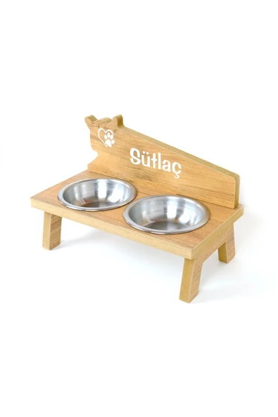 RealWood Özel İsim Baskılı, Ahşap, Çelik Kaseli Kedi- Küçük Irk Köpek Mama Ve Su Kabı Stantı - Resim 4