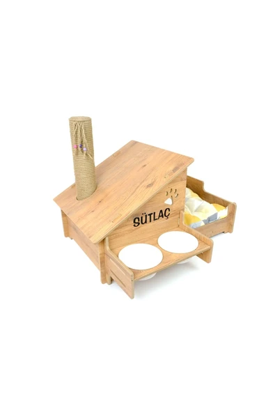 RealWood Ahşap, Seramik Kaseli , Tırmalama Çubuklu Açık-kapalı Kedi Ve Köpek Evi 4 In 1- Beyaz - 3