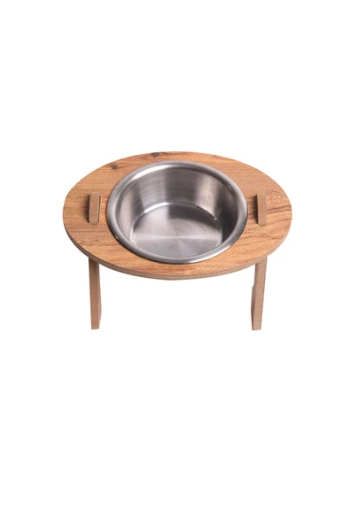 RealWood Kedi & Köpek Su Ve Mama Kabı Standı - Ahşap Mdf - Eğimli Tekli Oval Model - Çelik Kase - 350ml