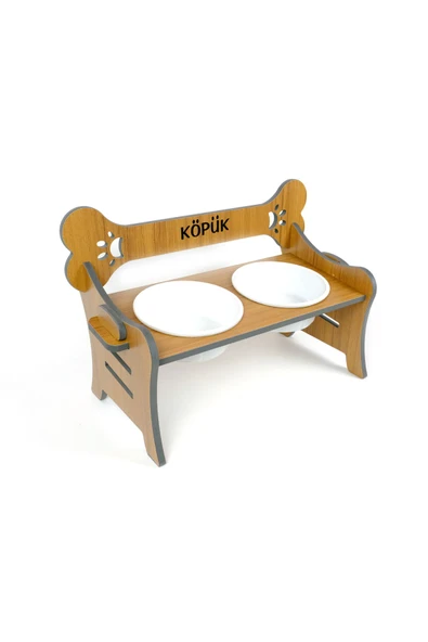 RealWood Suya Dayanıklı Ahşap Özel İsim Baskılı Seramik Kaseli Kademeli Köpek Mama ve Su Kabı Stantı - 4