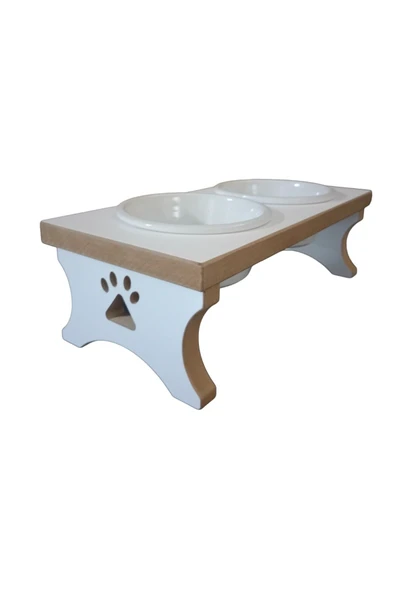 RealWood Kedi & Köpek Mama Standı - Ahşap Mdf - Ikili Beyaz Sabit Ayak - Seramik Beyaz Kase - 14cm - 400ml - 2