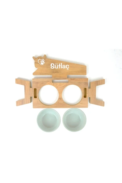 RealWood Seramik Kaseli, Özel İsimli, Ahşap Kedi-Köpek Mama ve Su Kabı Stantı-2*400 ml. - 6