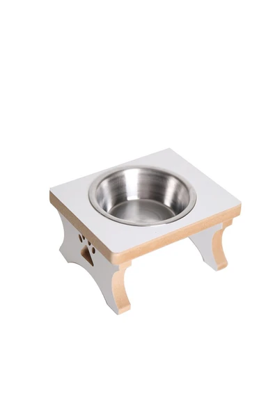 RealWood Köpek Su & Mama Kabı Standı - Orta - Küçük Irk - Beyaz MDF - Tekli Model - Çelik Kase-400ml - 2