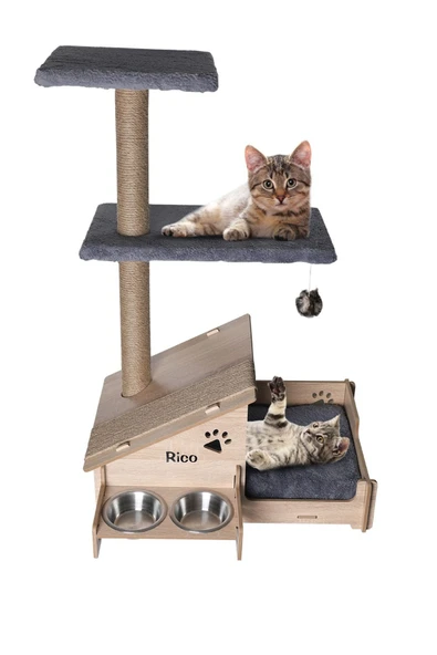 RealWood Çok Amaçlı Katlı Kedi Evi-isim Baskılı-ahşap Mdf-tırmalama Çubuklu-gri Minder-çelik Kase-2*350