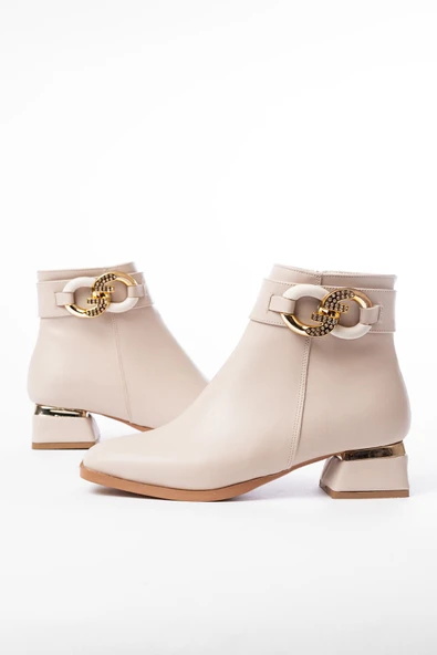 RM-504 Bej Toka Aksesuarlı Topuklu Fermuarlı Günlük Kadın Bot ürün görseli