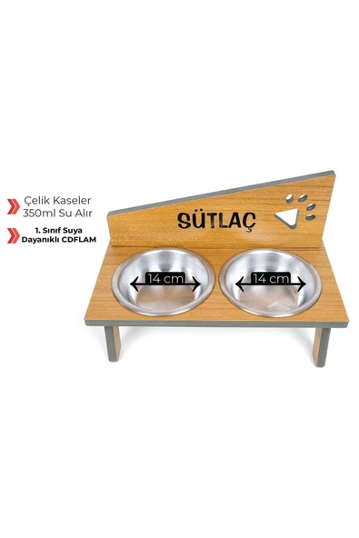 RealWood Suya Dayanıklı Ahşap Çelik Kaseli Özel isim Baskılı Kedi-Köpek Mama ve Su Kabı Stantı ürün görseli 1