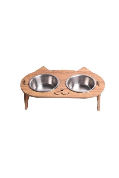RealWood Kedi Su Ve Mama Kabı Standı - Ahşap Mdf - Eğimli Kedi Kafa Modeli - Çelik Kase - 2*350ml - 2