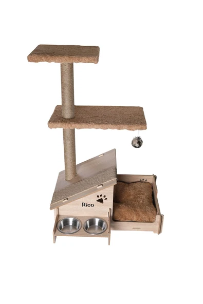 RealWood Çok Amaçlı Katlı Kedi Evi-isim Baskılı-ahşap Mdf-tırmalama Çubuklu-kahverengi-çelik Kase-2*350 - 6