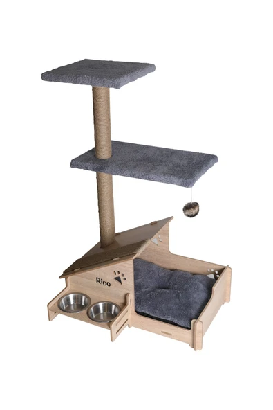 RealWood Çok Amaçlı Katlı Kedi Evi-isim Baskılı-ahşap Mdf-tırmalama Çubuklu-gri Minder-çelik Kase-2*350 - 2