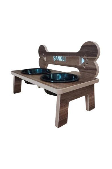 RealWood Köpek Su Ve Mama Standı -özel Isim Baskılı-kemik Model-cevizmdf-büyük Irk-seramiksiyahkase-2*1000ml - 4