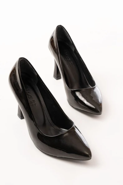 ST-001 Siyah Rugan Günlük 9 cm Topuklu Bayan Stiletto Ayakkabı - Resim 3