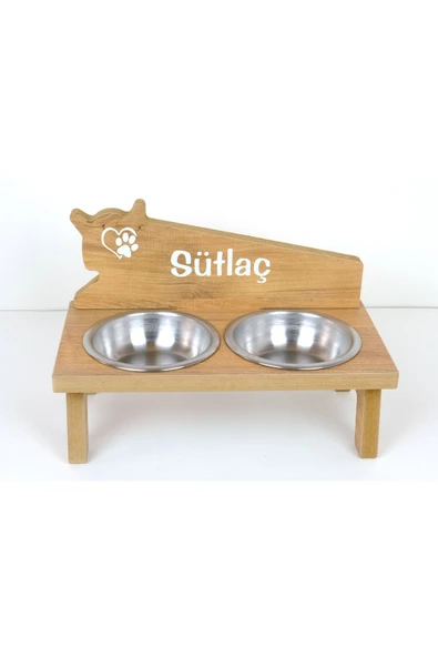 RealWood Özel İsim Baskılı, Ahşap, Çelik Kaseli Kedi- Küçük Irk Köpek Mama Ve Su Kabı Stantı - Resim 2
