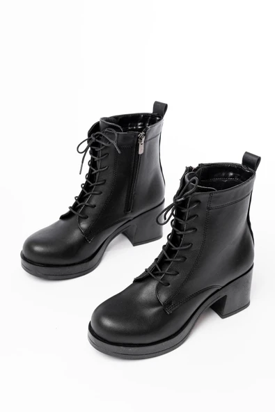 5109-3025 Siyah Bağcıklı Fermuarlı Kalın Topuklu Günlük Kadın Bot - Resim 3