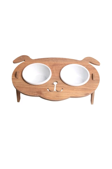 RealWood Köpek Su Ve Mama Kabı Standı - Ahşap Mdf - Eğimli Köpek Kafa Modeli-2'li-beyaz Seramik Kase-2*400ml - 5