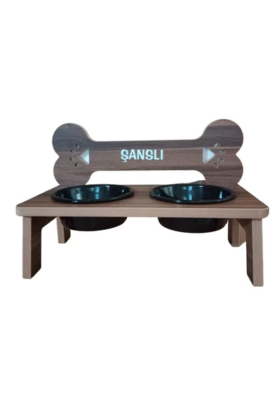 RealWood Köpek Su Ve Mama Standı -özel Isim Baskılı-kemik Model-cevizmdf-büyük Irk-seramiksiyahkase-2*1000ml - 5