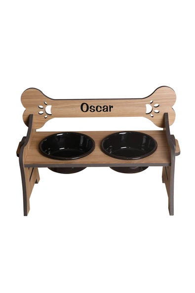 RealWood Köpek Su & Mama Kabı-isim Baskılı-suya Dayanıklı Ceviz-3 Kademeli Kemik Mod-seramik Siyah K-2*1000ml - 6