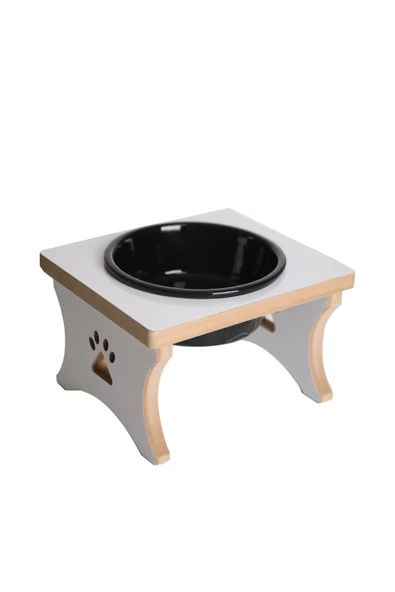 RealWood Köpek Su & Mama Kabı Standı - Büyük Irk - Beyaz MDF - Tekli Model - Siyah Seramik Kase - 1000ml - 2