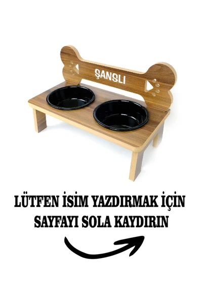 RealWood Köpek Su Ve Mama Standı -özel Isim Baskılı-kemik Model-cevizmdf-büyük Irk-seramiksiyahkase-2*1000ml - 1