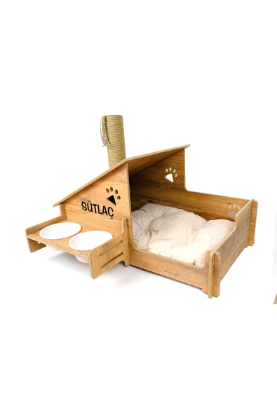 RealWood Ahşap, Seramik Kaseli , Tırmalama Çubuklu Açık-kapalı Kedi Ve Köpek Evi 4 In 1- Beyaz - 6