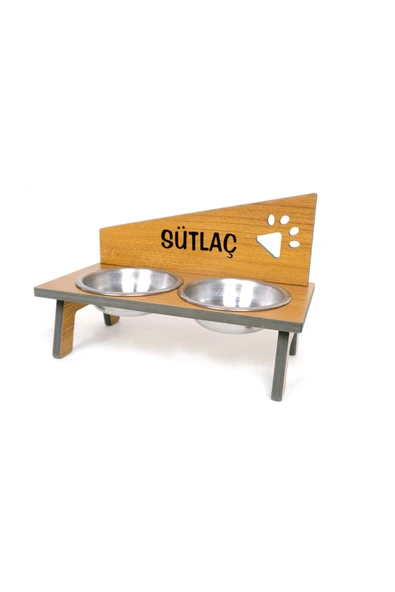 RealWood Suya Dayanıklı Ahşap Çelik Kâseli Özel Isim Baskılı Kedi-köpek Mama Ve Su Kabı Stantı - 2*350 Ml. - 3