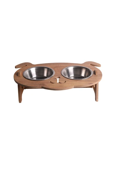 RealWood Köpek Su Ve Mama Kabı Standı - Ahşap Mdf - Eğimli Köpek Modeli - 2'li - Çelik Kase - 2*350ml - 2