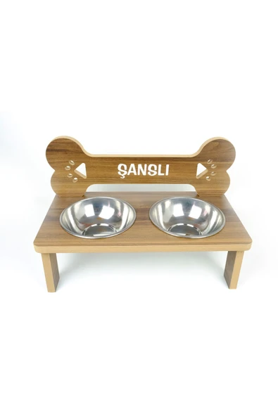 RealWood Ahşap, Çelik Kaseli, Özel Isim Baskılı Büyük Irk Köpek Mama Ve Su Kabı Stantı-2*1000 Ml. - 2