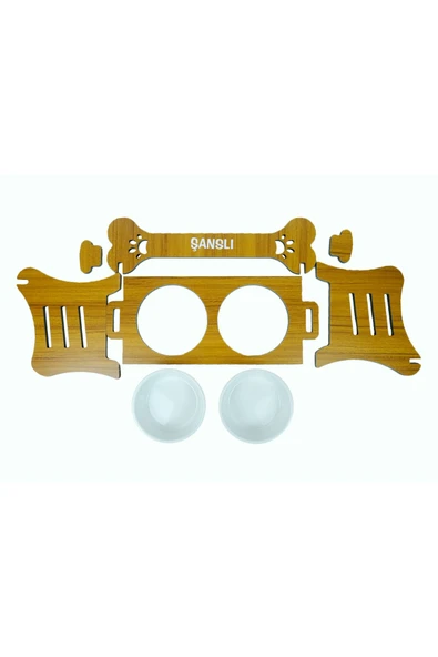 RealWood Suya Dayanıklı Ahşap Özel İsim Baskılı Seramik Kaseli Kademeli Köpek Mama ve Su Kabı Stantı - 4