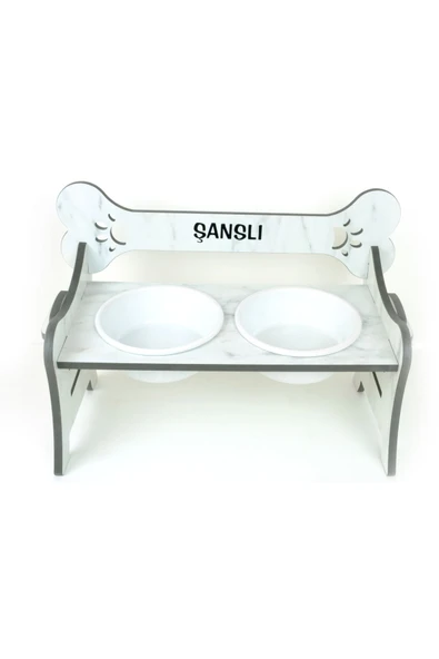 RealWood Suya Dayanıklı Ahşap Özel İsim Baskılı Seramik Kaseli Kademeli Köpek Mama ve Su Kabı Stantı - Resim 4