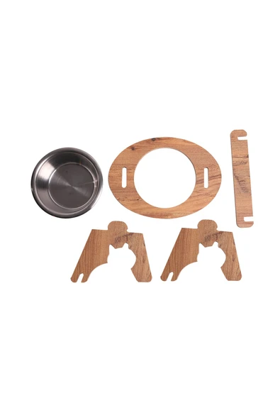 RealWood Kedi & Köpek Su Ve Mama Kabı Standı - Ahşap Mdf - Eğimli Tekli Oval Model - Çelik Kase - 350ml - 6