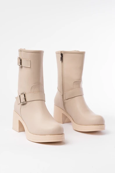 5109-3043 Bej Toka Aksesuarlı Fermuarlı Kalın Topuklu Günlük Kadın Bot - Resim 5