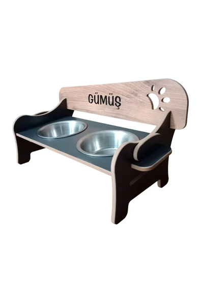 RealWood Özel İsim Baskılı, Ahşap, Kademeli, Eğimli, Çelik Kaseli, Kedi-köpek Mama Ve Su Kabı Stantı-400 Ml. ürün görseli 1