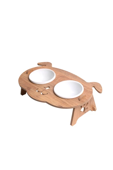 RealWood Köpek Su Ve Mama Kabı Standı - Ahşap Mdf - Eğimli Köpek Kafa Modeli-2'li-beyaz Seramik Kase-2*400ml - 1