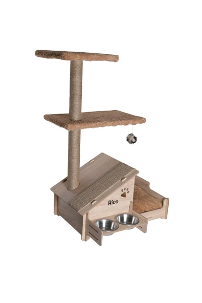 RealWood Çok Amaçlı Katlı Kedi Evi-isim Baskılı-ahşap Mdf-tırmalama Çubuklu-kahverengi-çelik Kase-2*350 - 5