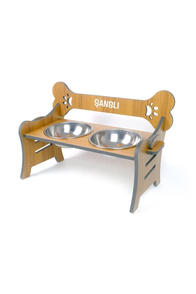 RealWood Suya Dayanıklı Ahşap Özel İsim Baskılı Çelik Kaseli Kademeli Köpek Mama ve Su Kabı Stantı - 2