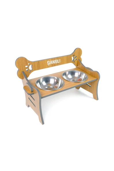 RealWood Suya Dayanıklı Ahşap Özel İsim Baskılı Çelik Kaseli Kademeli Köpek Mama ve Su Kabı Stantı - 3
