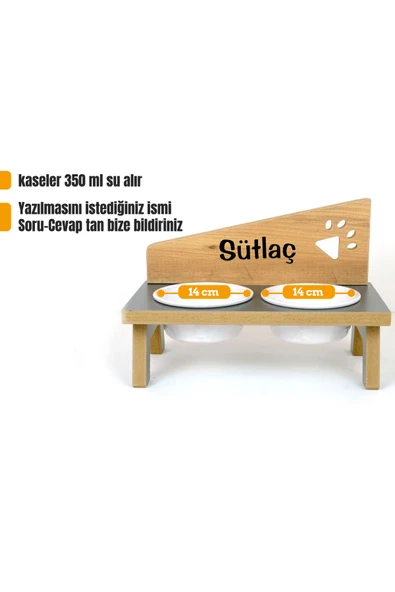 RealWood Özel Isimli Seramik Kaseli Kedi- Köpek Mama Ve Su Kabı Stantı-antrasit/meşe - 2*400 Ml. - 2
