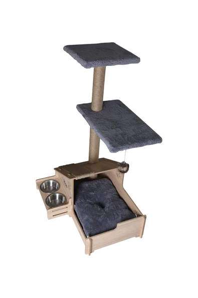 RealWood Çok Amaçlı Katlı Kedi Evi-isim Baskılı-ahşap Mdf-tırmalama Çubuklu-gri Minder-çelik Kase-2*350 - 3