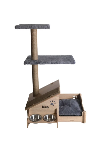 RealWood Çok Amaçlı Katlı Kedi Evi-isim Baskılı-ahşap Mdf-tırmalama Çubuklu-gri Minder-çelik Kase-2*350 - 4