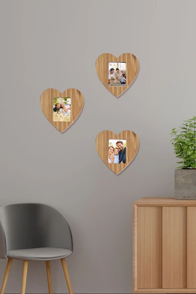 RealWood Ahşap Kalpli Duvar Fotoğraf - 3'lü Resim Çerçevesi - Ceviz CDF - 1