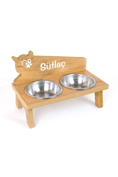 RealWood Özel İsim Baskılı, Ahşap, Çelik Kaseli Kedi- Küçük Irk Köpek Mama Ve Su Kabı Stantı - Resim 3