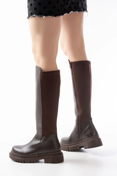 812-305 Kahve Arkası Streç Fermuarlı Günlük Kadın Çizme - 3