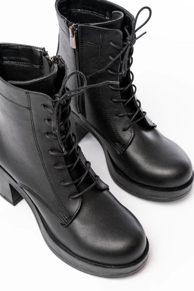 5109-3025 Siyah Bağcıklı Fermuarlı Kalın Topuklu Günlük Kadın Bot - Resim 4