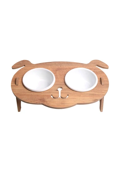 RealWood Köpek Su Ve Mama Kabı Standı - Ahşap Mdf - Eğimli Köpek Kafa Modeli-2'li-beyaz Seramik Kase-2*400ml - 2